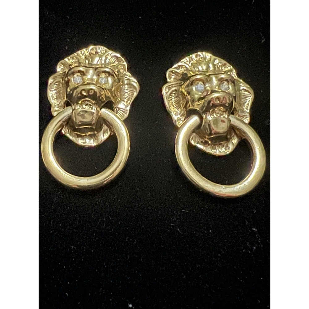 KJL for Avon Lion Head Door Knocker Earrings Gold Tone Rhinestone Mob Wife 90s